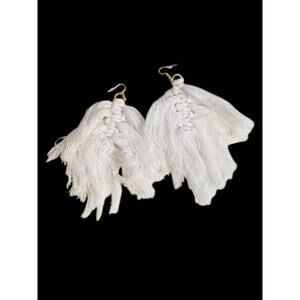 White Statement Fishhook Pierced Earrings Macrame Oversize 5.5" Drop